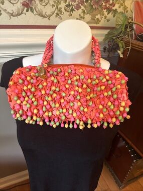 Mido Collection Y2K handcrafted shell and wooden bead barrel handbag, zipper top